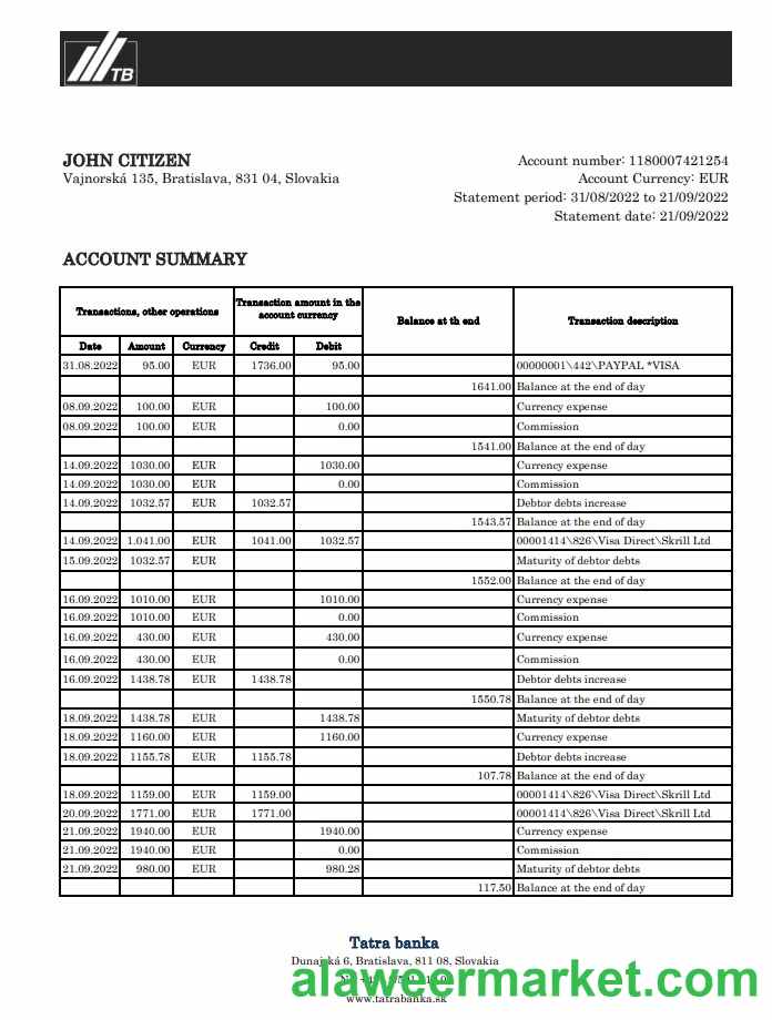 Slovakia Tatra bank statement xls VERSION 2